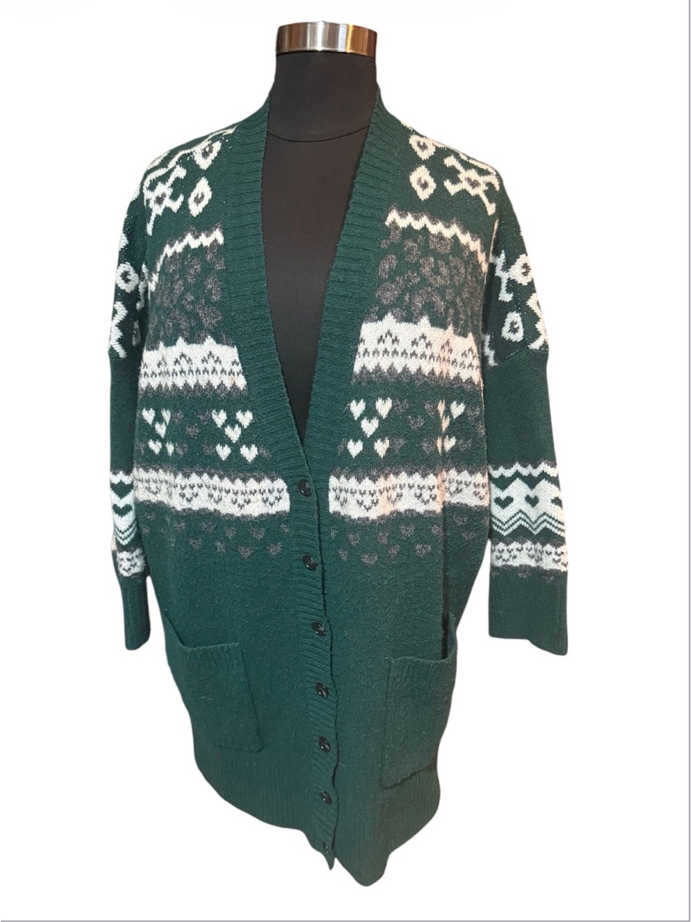 Torrid Dark Green and White Fair Isle Button closure Cardigan Vegan Cashmere SZ4